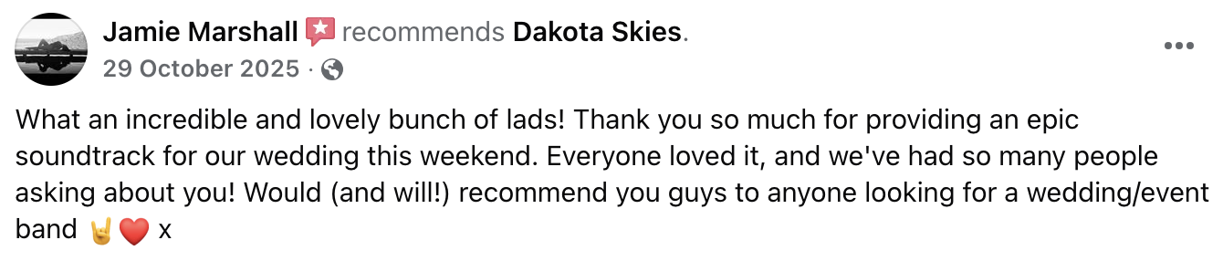 Facebook recommendation post by Jamie Marshall for Dakota Skies dated 29 October 2025, praising the band for their epic soundtrack at a wedding and highly recommending them for events.