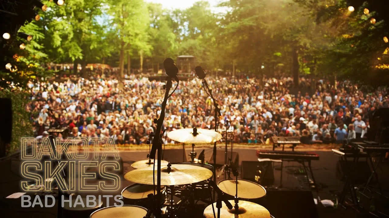 View from a stage with drum set and microphones facing a large outdoor crowd in a green park during daylight.